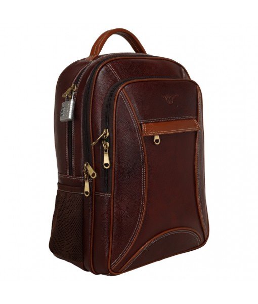 MOZRI Leather 17 Inch Men's and Women's Leather Laptop Office Backpack Bag (Brown & Tan Colour Combination)