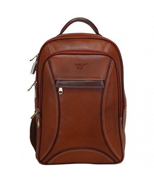 MOZRI Leather 17 Inch Men's and Women's Leather Laptop Office Backpack Bag (Brown & Tan Colour Combination)