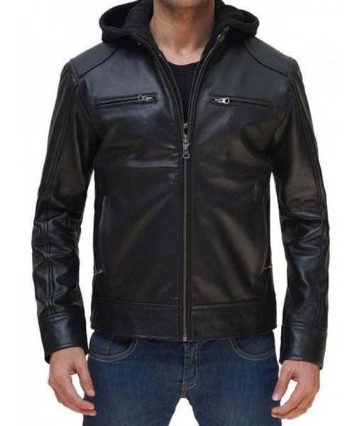 Mozri Black Hoddie Leather jacket for men Size (XS to 4XL)
